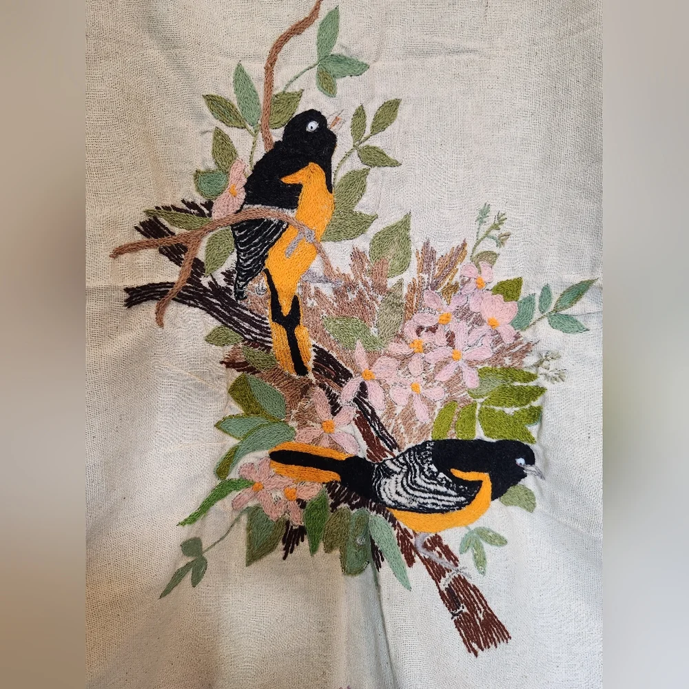 Vintage Finished Hand Made Crewel Embroidery Flower Birds Canvas Unframed 80s